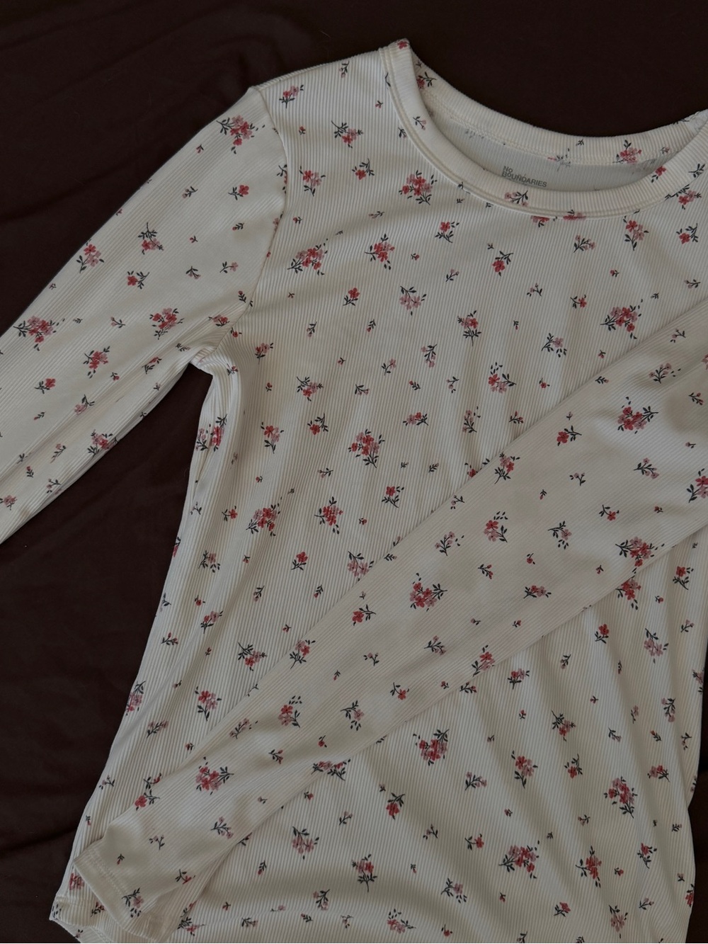 White Floral Ribbed Long Sleeve Top - Pink & Green Floral - Picture 2 of 3